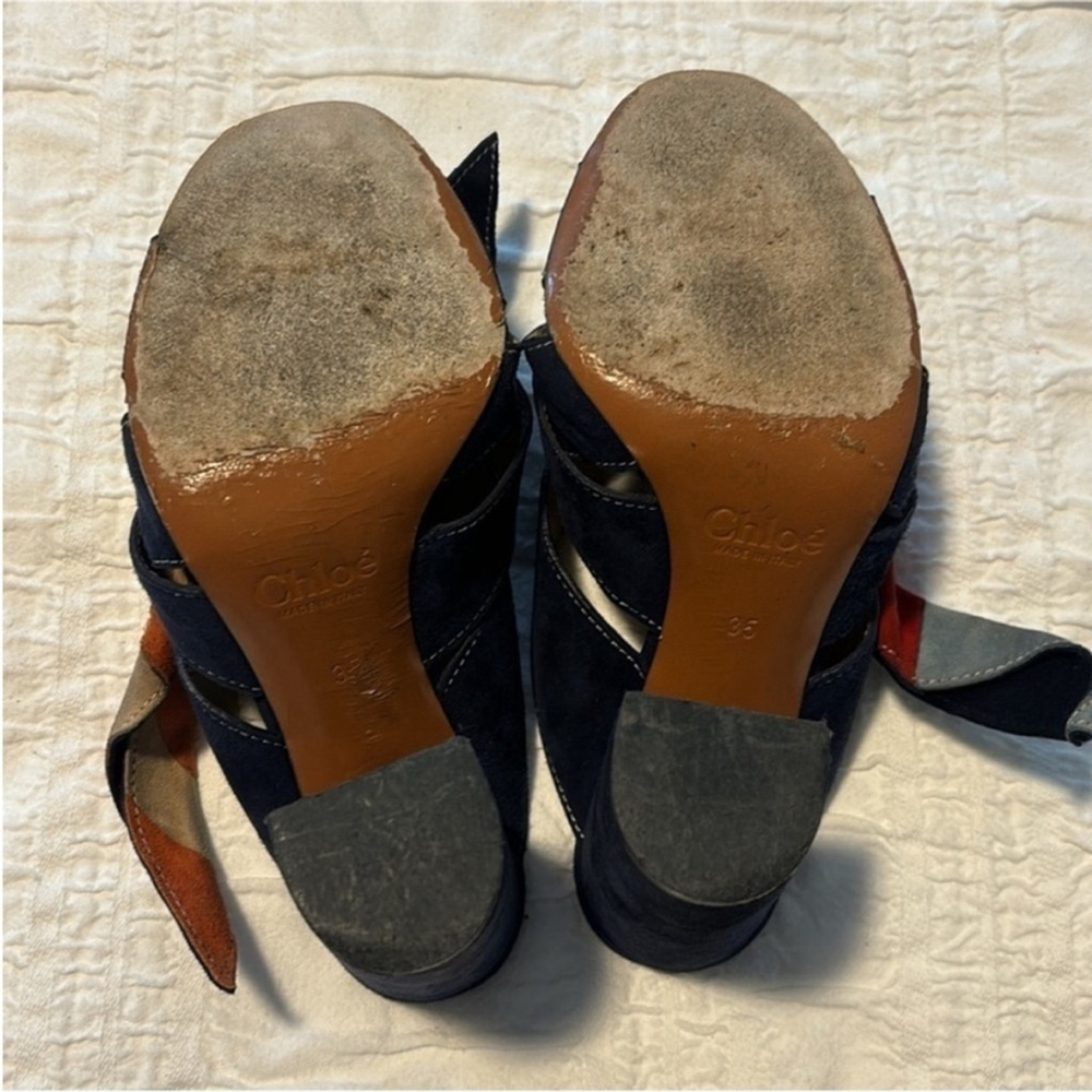 Chloé Nellie Suede Sandals Slip On Block Heel Knot Detail Navy Blue Women's US 5 - Picture 9 of 13